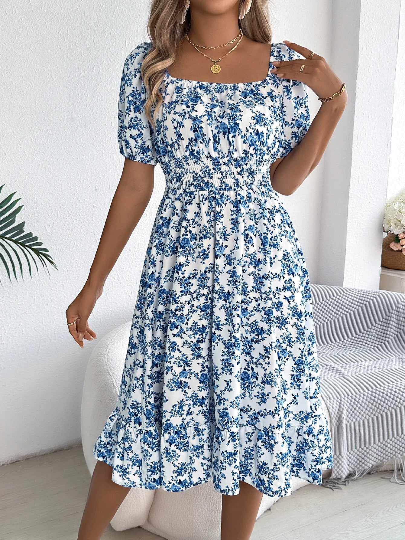 Women's Floral 3D Print Square Neck Dress